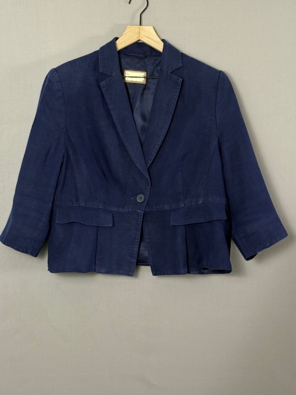 Per Una M&S Navy Linen Blend Cropped Structured Blazer UK 18 US 14 Tailored